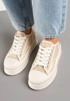 Ciemnobeżowe Trampki na Platformie z Metaliczną Ozdobą Afleeria