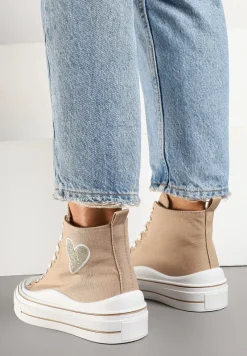 Ciemnobeżowe Trampki na Platformie z Serduszkiem za Kostkę Ellista