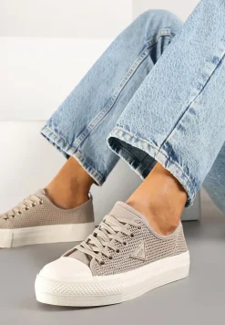 Ciemnobeżowe Trampki pod Kostkę z Siateczkową Cholewką i Geometryczną Ozdobą Ulianissea