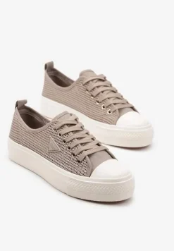 Ciemnobeżowe Trampki pod Kostkę z Siateczkową Cholewką i Geometryczną Ozdobą Ulianissea