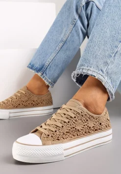 Ciemnobeżowe Trampki Przed Kostkę z Ażurową Cholewką Shiliarre