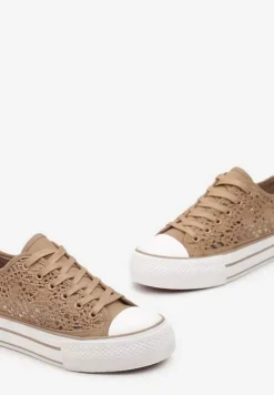 Ciemnobeżowe Trampki Przed Kostkę z Ażurową Cholewką Shiliarre