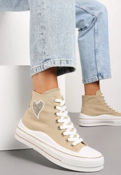 Ciemnobeżowe Trampki za Kostkę na Niskiej Platformie z Brokatową Ozdobą w Kształcie Serca Annexla