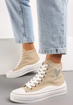 Ciemnobeżowe Trampki za Kostkę na Niskiej Platformie z Brokatową Ozdobą w Kształcie Serca Annexla