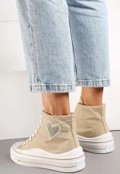 Ciemnobeżowe Trampki za Kostkę na Niskiej Platformie z Brokatową Ozdobą w Kształcie Serca Annexla