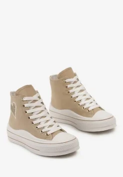 Ciemnobeżowe Trampki za Kostkę na Niskiej Platformie z Brokatową Ozdobą w Kształcie Serca Annexla