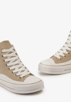 Ciemnobeżowe Trampki za Kostkę na Niskiej Platformie z Brokatową Ozdobą w Kształcie Serca Annexla