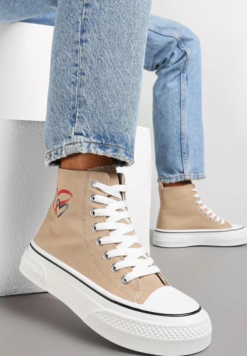 Ciemnobeżowe Trampki za Kostkę na Platformie Zuiena