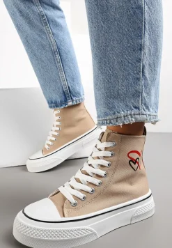 Ciemnobeżowe Trampki za Kostkę na Platformie Zuiena