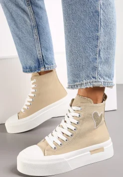 Ciemnobeżowe Trampki za Kostkę na Grubej Podeszwie Olien