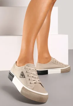 Ciemnobeżowe Trampki ze Sznurowaniem Zdobione Metalową Aplikacją Vimeria