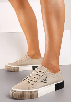 Ciemnobeżowe Trampki ze Sznurowaniem Zdobione Metalową Aplikacją Vimeria