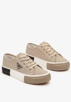 Ciemnobeżowe Trampki ze Sznurowaniem Zdobione Metalową Aplikacją Vimeria