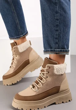 Ciemnobeżowe Traperki Sznurowane Trapery Janne