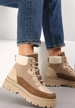 Ciemnobeżowe Traperki Sznurowane Trapery Janne