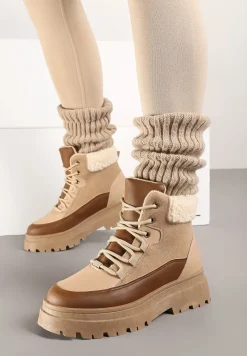 Ciemnobeżowe Traperki Sznurowane Trapery Janne