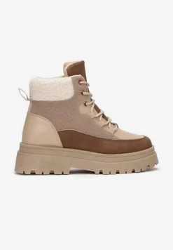 Ciemnobeżowe Traperki Sznurowane Trapery Janne