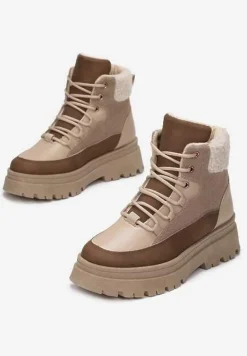 Ciemnobeżowe Traperki Sznurowane Trapery Janne