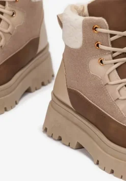 Ciemnobeżowe Traperki Sznurowane Trapery Janne