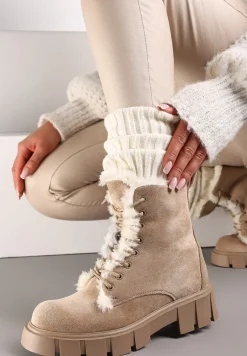 Ciemnobeżowe Traperki Workery z Futerkiem na Grubej Podeszwie Dathi