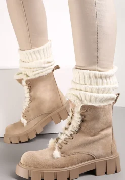 Ciemnobeżowe Traperki Workery z Futerkiem na Grubej Podeszwie Dathi