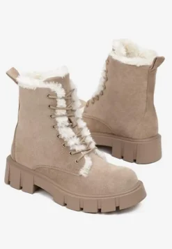 Ciemnobeżowe Traperki Workery z Futerkiem na Grubej Podeszwie Dathi