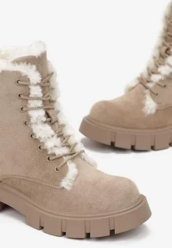 Ciemnobeżowe Traperki Workery z Futerkiem na Grubej Podeszwie Dathi