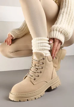 Ciemnobeżowe Traperki Mocno Ocieplone Sztucznym Futerkiem Janeka