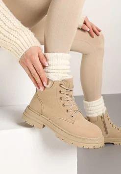 Ciemnobeżowe Traperki Mocno Ocieplone Sztucznym Futerkiem Janeka