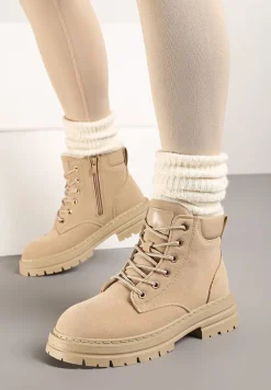 Ciemnobeżowe Traperki Mocno Ocieplone Sztucznym Futerkiem Janeka