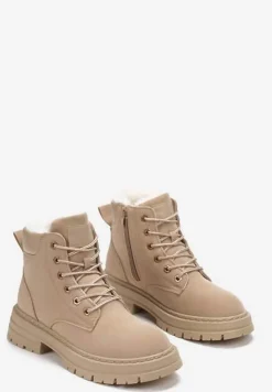 Ciemnobeżowe Traperki Mocno Ocieplone Sztucznym Futerkiem Janeka