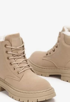 Ciemnobeżowe Traperki Mocno Ocieplone Sztucznym Futerkiem Janeka