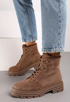 Ciemnobeżowe Traperki na Grubej Podeszwie z Futerkowym Zdobieniem Narinora