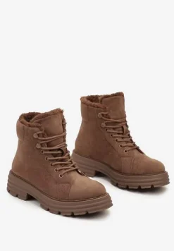 Ciemnobeżowe Traperki na Grubej Podeszwie z Futerkowym Zdobieniem Narinora