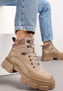 Ciemnobeżowe Traperki na Masywnej Podeszwie w Stylu Workerów Vodre