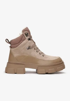 Ciemnobeżowe Traperki na Masywnej Podeszwie w Stylu Workerów Vodre