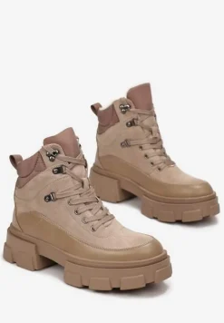 Ciemnobeżowe Traperki na Masywnej Podeszwie w Stylu Workerów Vodre