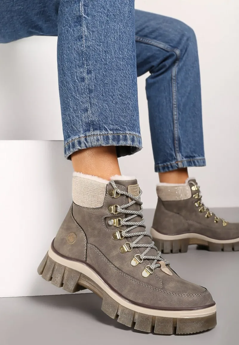 Ciemnobeżowe Traperki Ocieplone ze Sznurowaniem i Futerkiem w Stylu Baranka Seandora