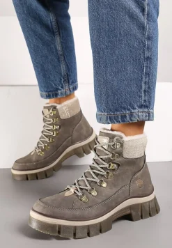 Ciemnobeżowe Traperki Ocieplone ze Sznurowaniem i Futerkiem w Stylu Baranka Seandora