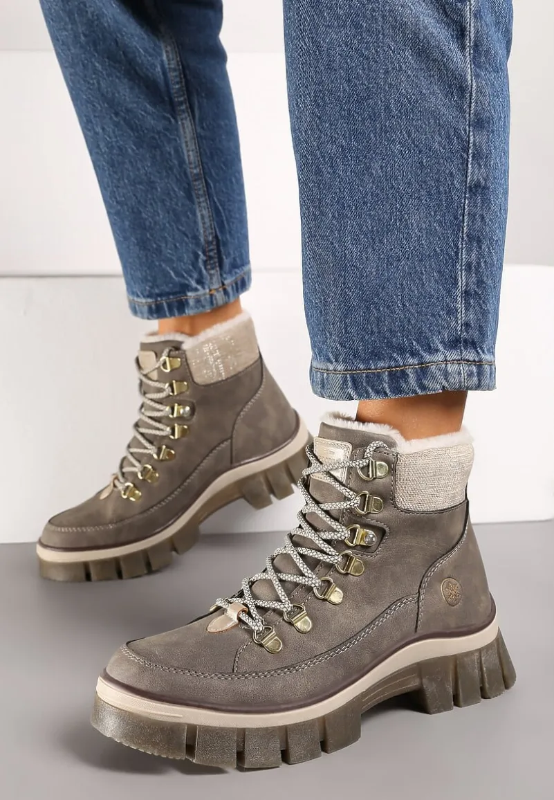 Ciemnobeżowe Traperki Ocieplone ze Sznurowaniem i Futerkiem w Stylu Baranka Seandora