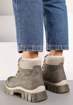 Ciemnobeżowe Traperki Ocieplone ze Sznurowaniem i Futerkiem w Stylu Baranka Seandora