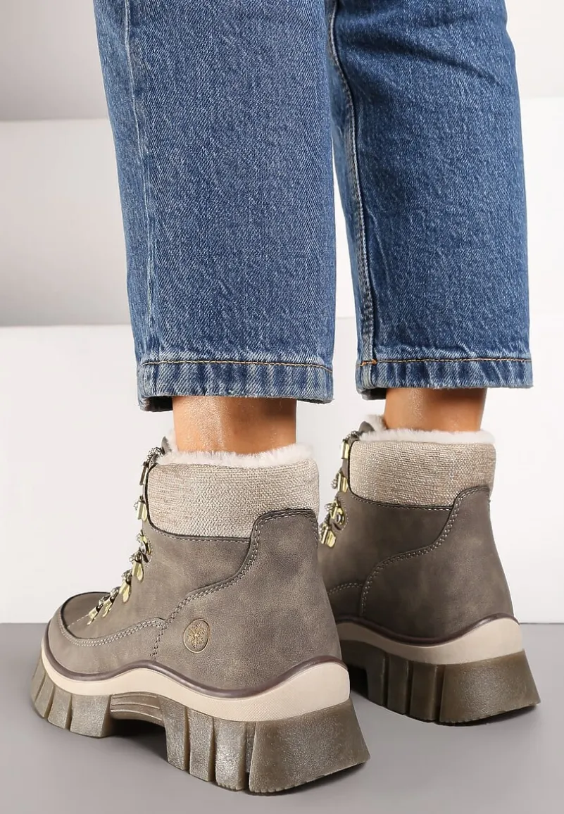 Ciemnobeżowe Traperki Ocieplone ze Sznurowaniem i Futerkiem w Stylu Baranka Seandora