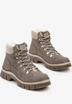 Ciemnobeżowe Traperki Ocieplone ze Sznurowaniem i Futerkiem w Stylu Baranka Seandora
