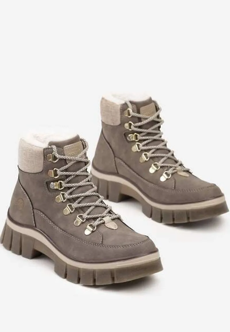 Ciemnobeżowe Traperki Ocieplone ze Sznurowaniem i Futerkiem w Stylu Baranka Seandora