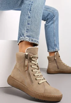 Ciemnobeżowe Traperki Sportowe ze Sznurowaniem i Ociepleniem Persetina