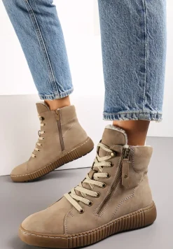 Ciemnobeżowe Traperki Sportowe ze Sznurowaniem i Ociepleniem Persetina