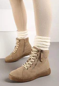 Ciemnobeżowe Traperki Sportowe ze Sznurowaniem i Ociepleniem Persetina