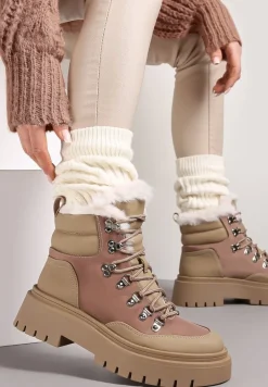 Ciemnobeżowe Traperki Sznurowane z Futerkiem Henna