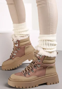 Ciemnobeżowe Traperki Sznurowane z Futerkiem Henna