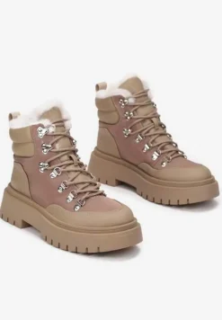 Ciemnobeżowe Traperki Sznurowane z Futerkiem Henna